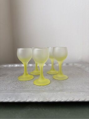 Vintage Frosted Yellow Stemmed Liqueur Glasses - Set of 5
